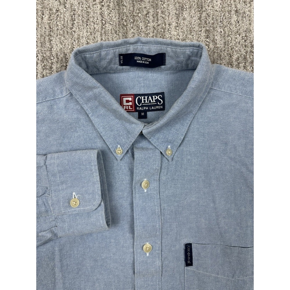 Vtg Chaps Ralph Lauren Medium Denim Shirt Pocket Long Sleeve 90s Blue Made USA